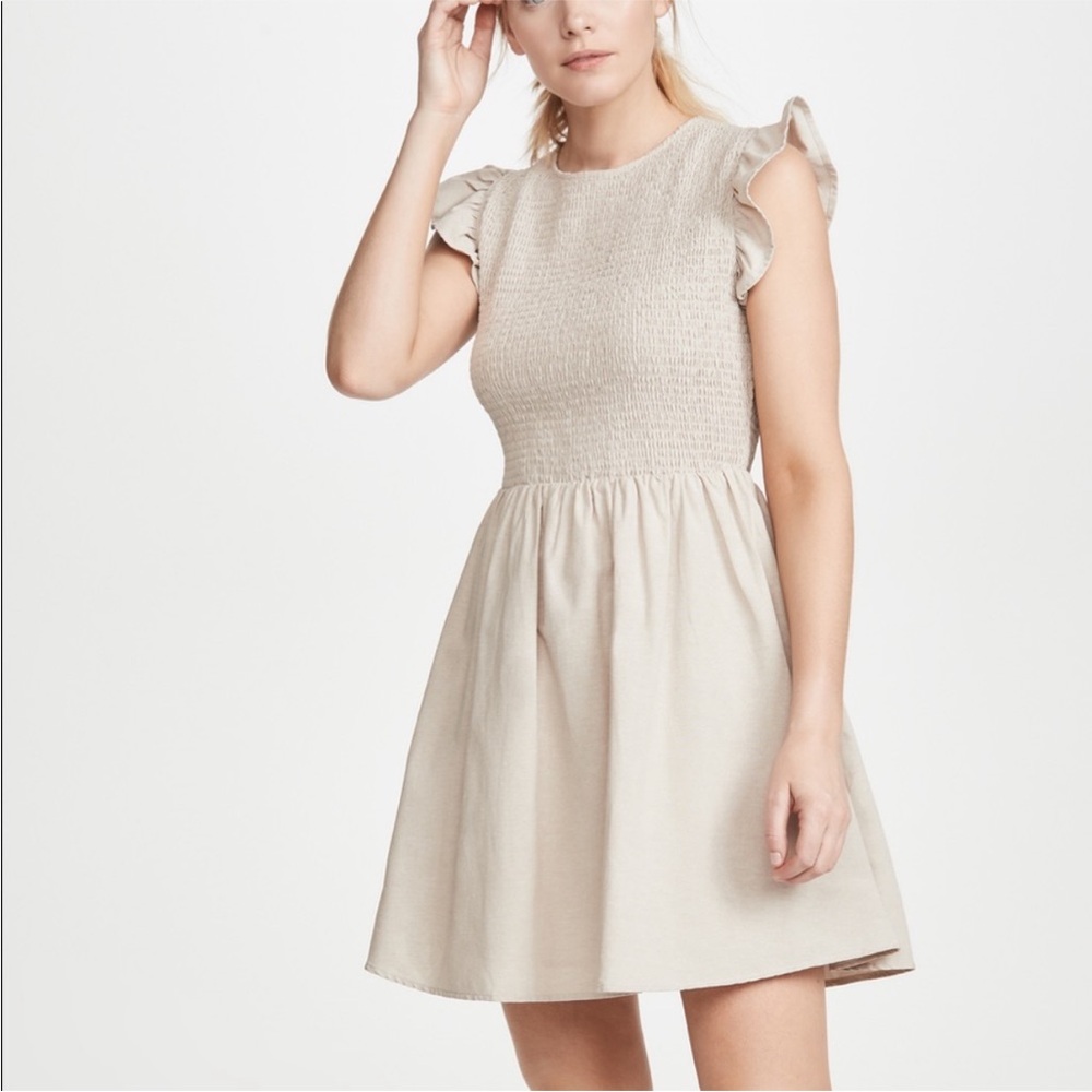 English Factory Beige Smocked Ruffle Sleeve Dress